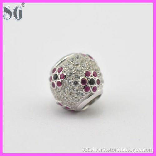 Silver beads for charm bracelets_charm Flower designs with bling CZ stones_Fashion jewelry micro pave CZ stones beads
